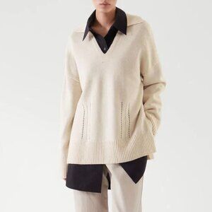 COS Cream Wool Knitted V Neck Collared Jumper Sweater M